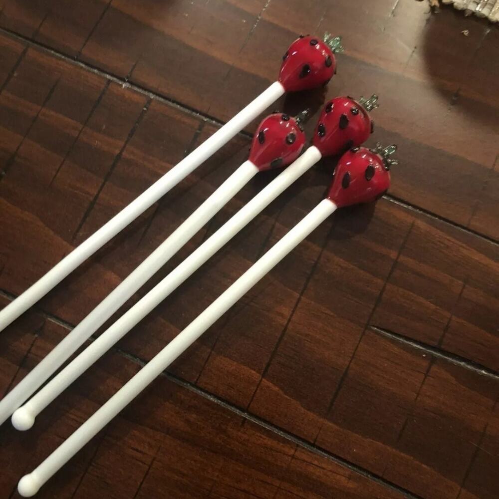 Strawberry blown art glass cocktail drink stirrers -4 adorable